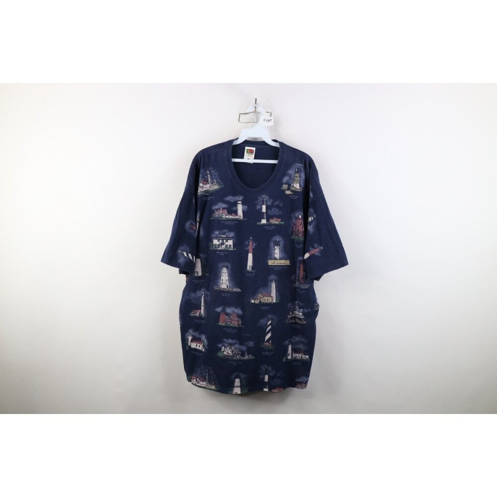 Vtg 90s Streetwear Mens 2XL Faded Lighthouse All Over Print Short Sleeve T-Shirt